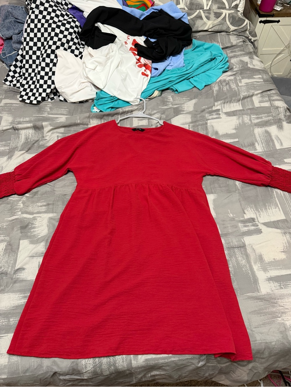 Red Long Sleeve Gathered Waist Dress